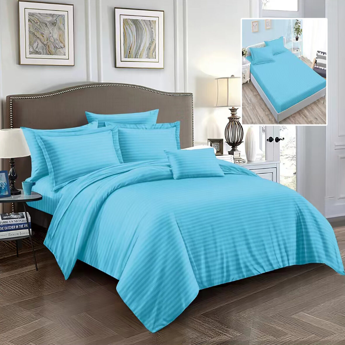 Lenjerie pat dublu DAMASC Policoton 6 piese, Ralex Pucioasa, Cearceaf cu elastic pentru saltea 160×200 cm sau 180×200 cm Bleu