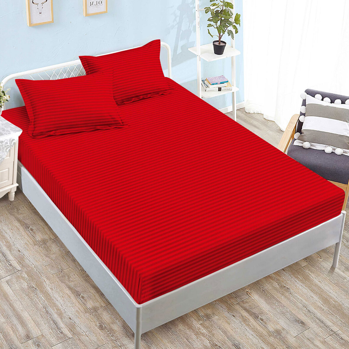 Set husa/cearceaf de pat cu elastic Damasc Policoton Ralex Pucioasa, universal pentru saltea 160×200/180×200 cm si 2 fete perna 50×70 cm Rosu